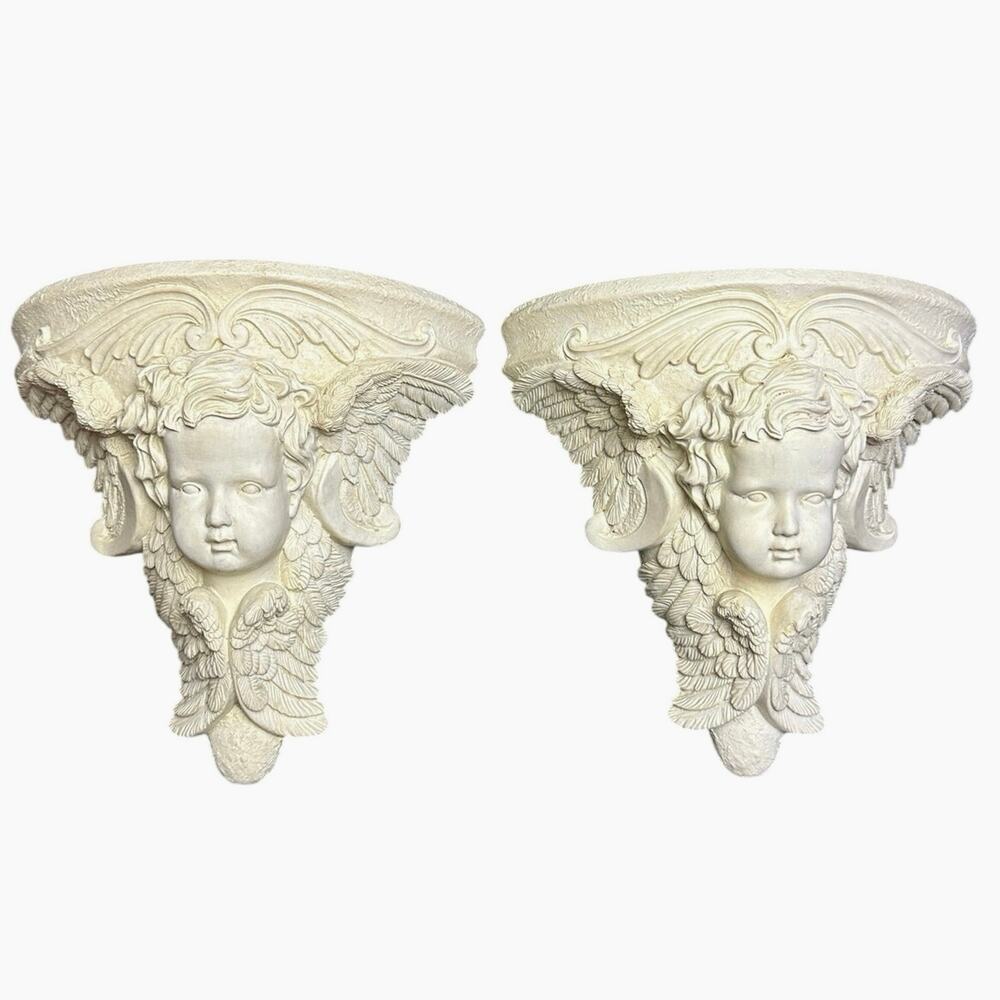 Vintage pair chalkware cherub wall sconce shelves 8.5x8.5x3.5 Victorian white